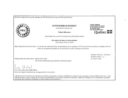 Attestation de réussite, Formation de base en immunisation