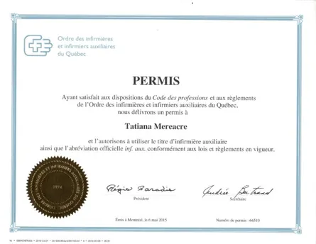 Permis ordre des infirmières et infirmiers auxiliaires du québec